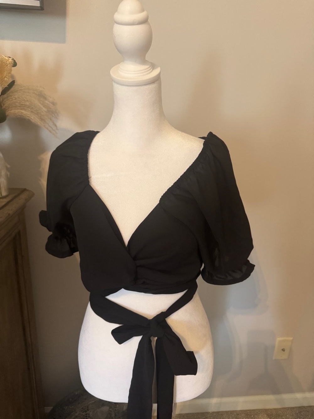 Black Wrap Front Puff Sleeve Crop Top - Women